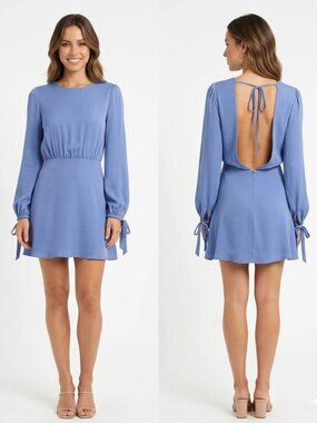 LPA 100% SILK MUTED BLUE OPEN BACK LONG SLEEVE TIE CUFF MINI CHIFFON DRESS - XS